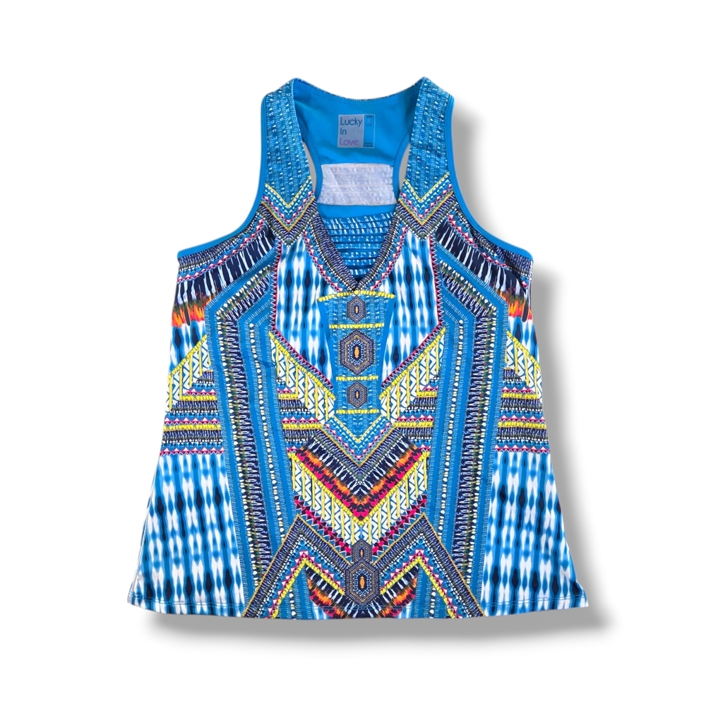 LUCKY IN LOVE Boho Sense Print Tennis Tank Top Blue Tribal Athletic Racerback L